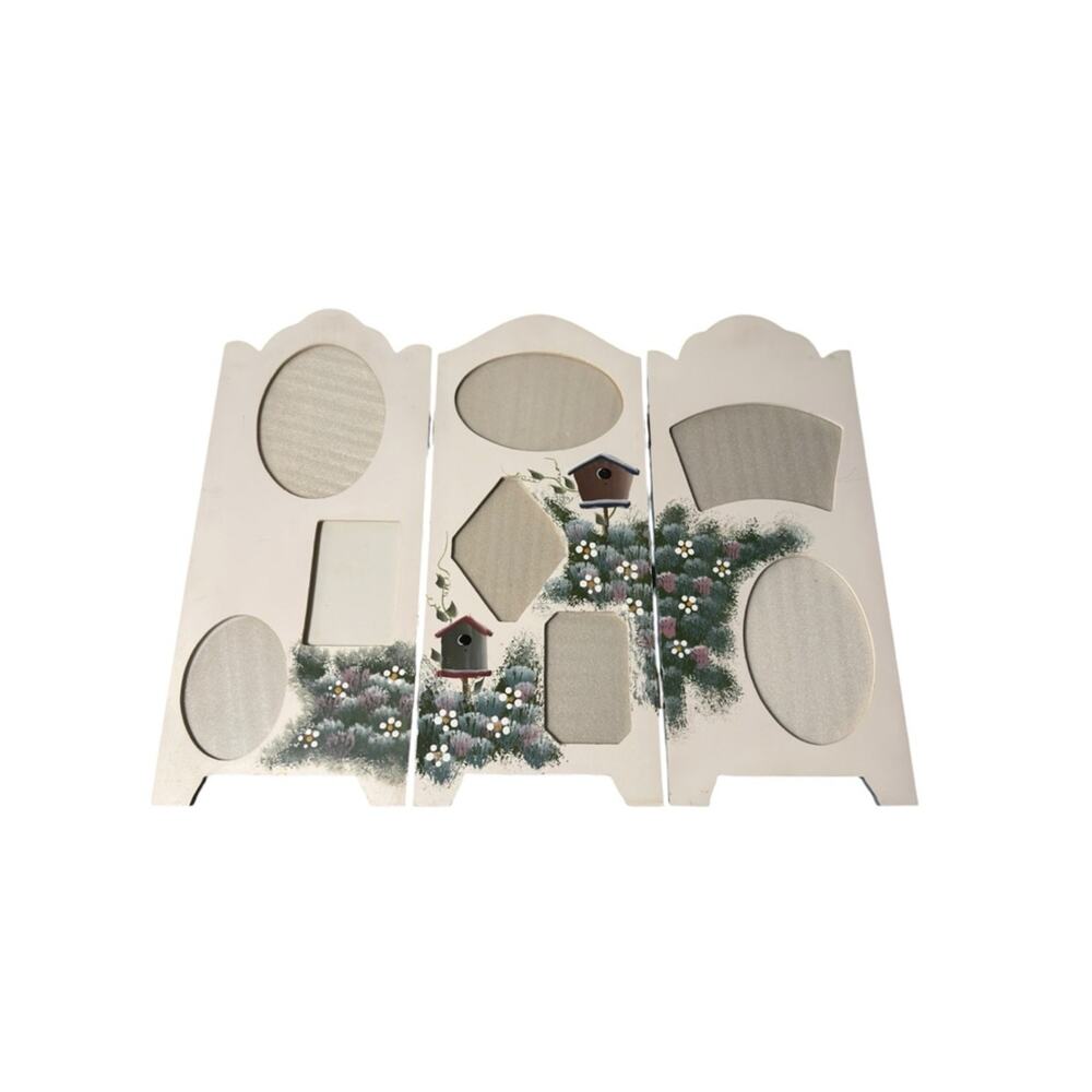 Hand-Painted White Wood Triple Photo Frame with Birdhouse Motif Cottagecore